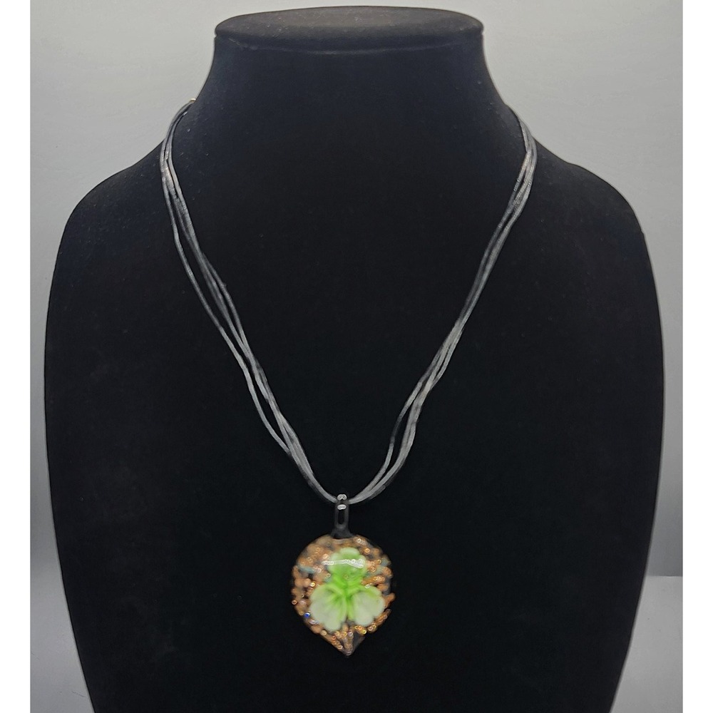 Multi Strand Cord Necklace Glass Shamrock Pendant Adjustable 16-18" Green Gold